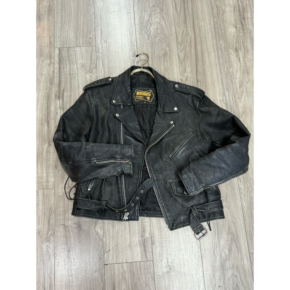 Vintage genuine leather biker jacket thick heavy perfectly worn in "bonus" brand